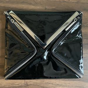 KOOBA patent leather flat crossbody with silver detail and silver chain strap